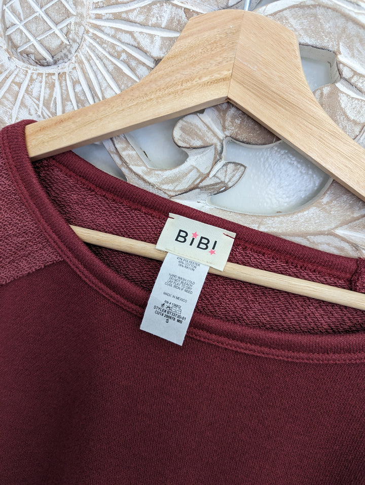 Women's Burgundy Color Reversed Terry Contrast Block Uneven Hem Sweatshirt -Bibi