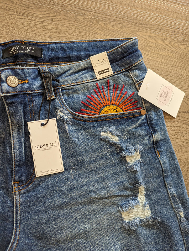 Plus size Judy Blue denim shorts with sun embroidered pocket medium blue