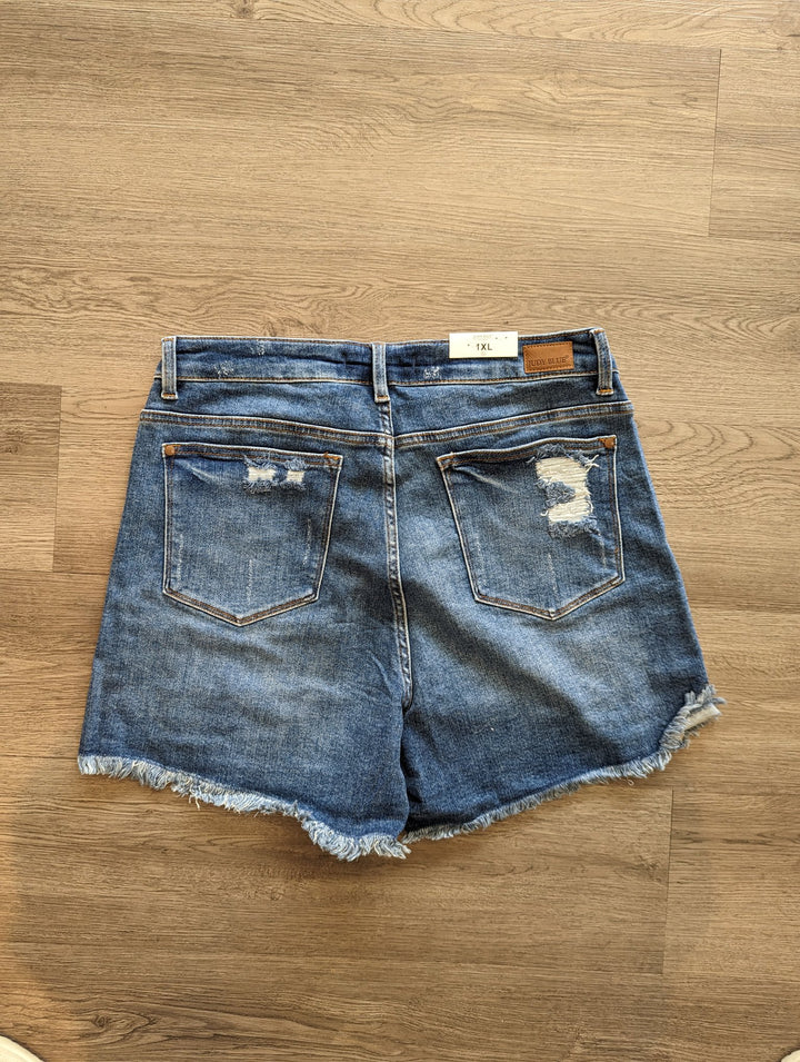 Plus size Judy Blue denim shorts with sun embroidered pocket medium blue