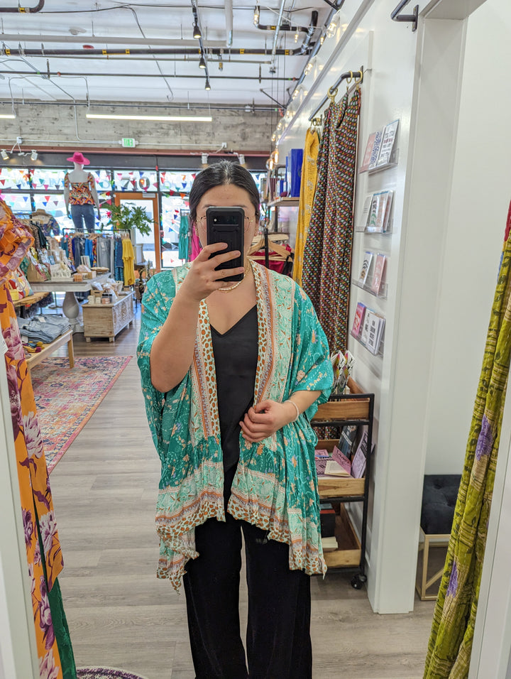 Umgee womens and plus size bohemian kimono in teal aqua sky blue and rust