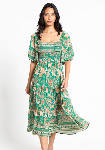 Plus size printed square neckline smocked bodice Flying Tomato Green Paisley