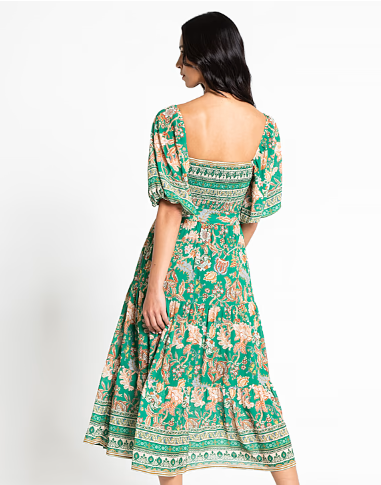 Plus size printed square neckline smocked bodice Flying Tomato Green Paisley