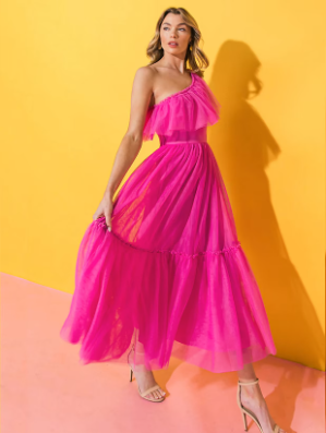 Womens pink tulle mesh special occasion dress one shoulder