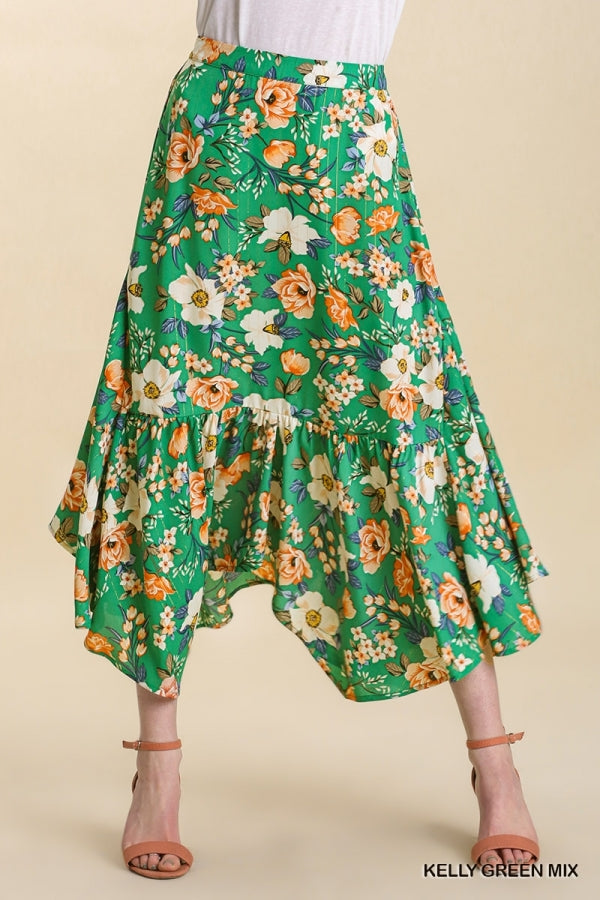 Womens Umgee Floral Print Asymmetrical Skirt with Metallic Trim Details