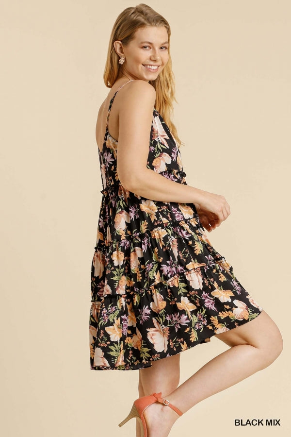 Women floral print dress tiered with spaghetti strap