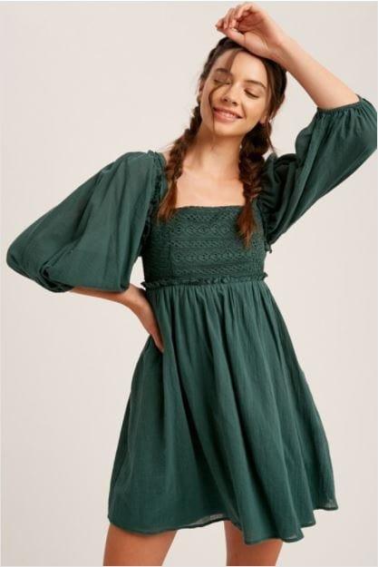 Alpine Beauty- women's 3.4th sleeve lace front dress in forest green - Esme and Elodie