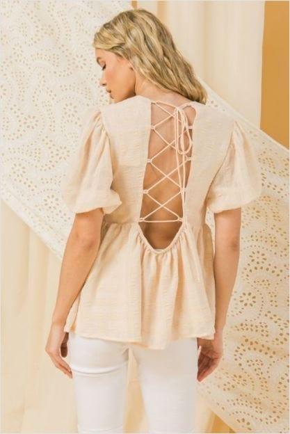 Apricot Cloud- women's puff sleeve open back top - Esme and Elodie