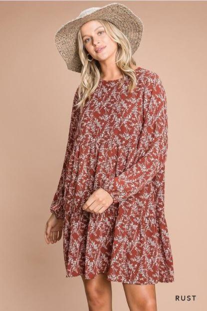 Autumn Leaves- womens ditsy floral longsleeve minidress in rust - Esme and Elodie