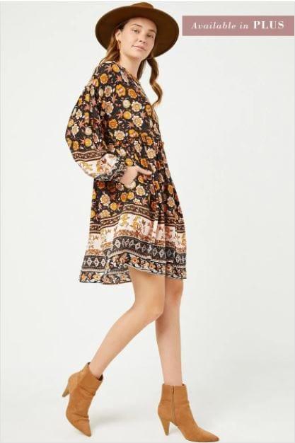 Autumn Vibes- long sleeve bohemian mini dress - Esme and Elodie