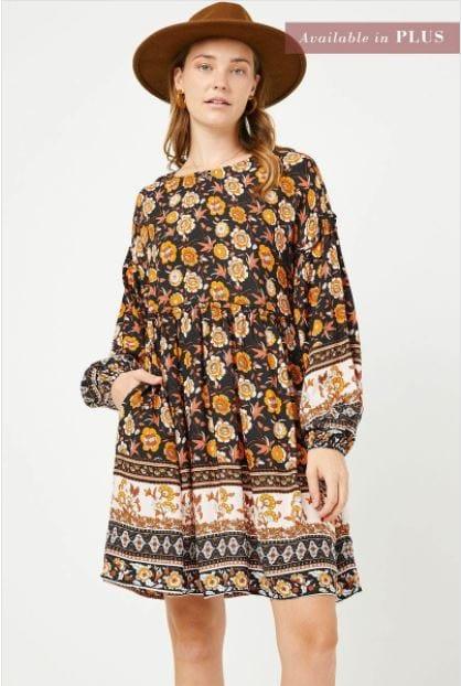 Autumn Vibes- long sleeve bohemian mini dress - Esme and Elodie