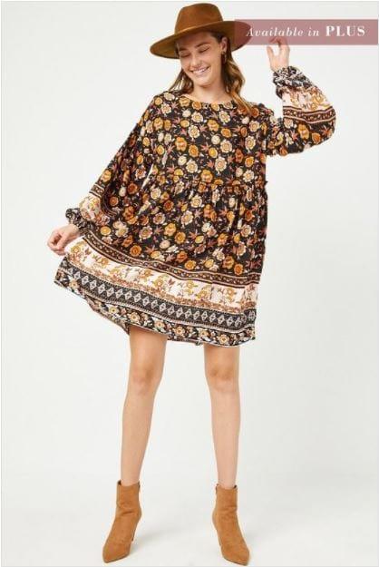 Autumn Vibes- long sleeve bohemian mini dress - Esme and Elodie