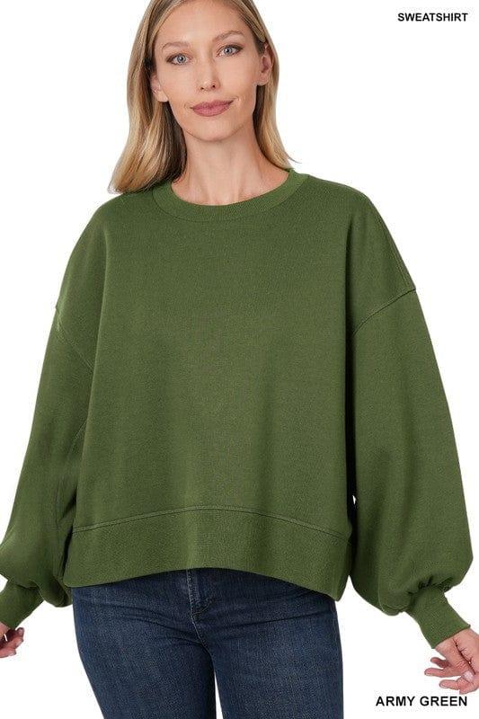 Balloon sleeve cropped sweatshirt in Army Green - Esme and Elodie