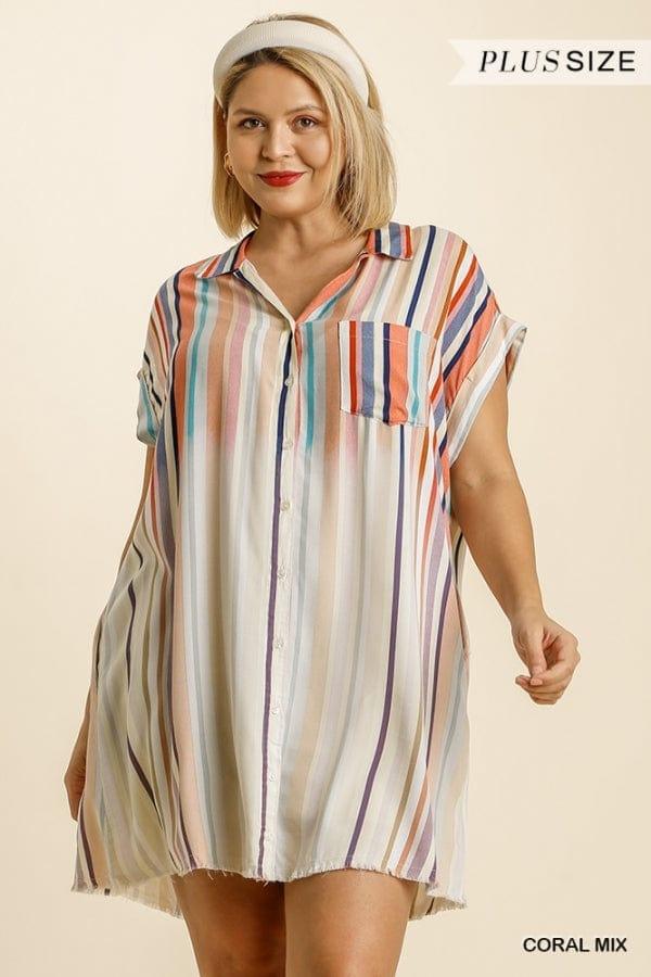 Beach Babe- bleached striped short sleeve collared button down dress - Esme and Elodie