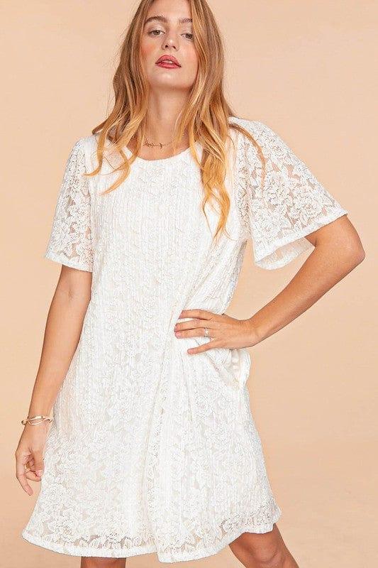 Belles- plus size round neck flutter sleeve pleated lace midi dress - Esme and Elodie