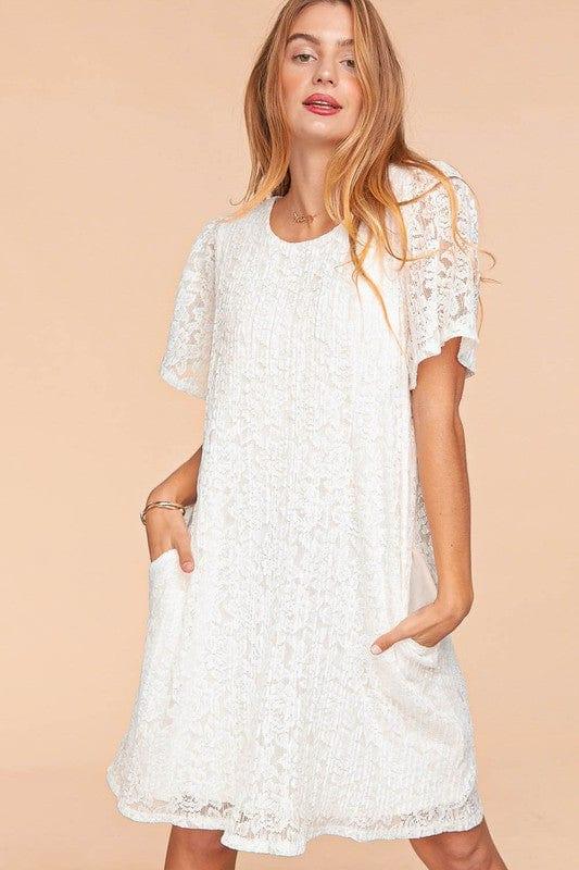 Belles- plus size round neck flutter sleeve pleated lace midi dress - Esme and Elodie