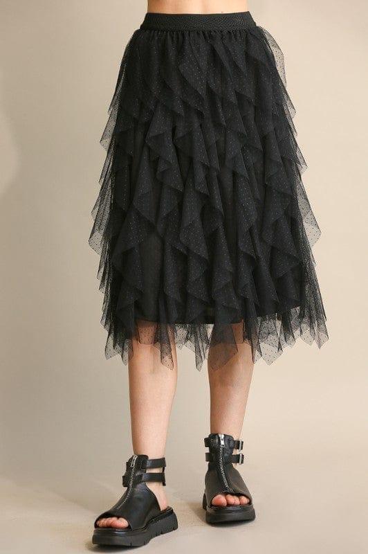 Women's Black Embellished Tulle Layered Midi Skirts with Elastic Waist Band -Gigio - Esme and Elodie