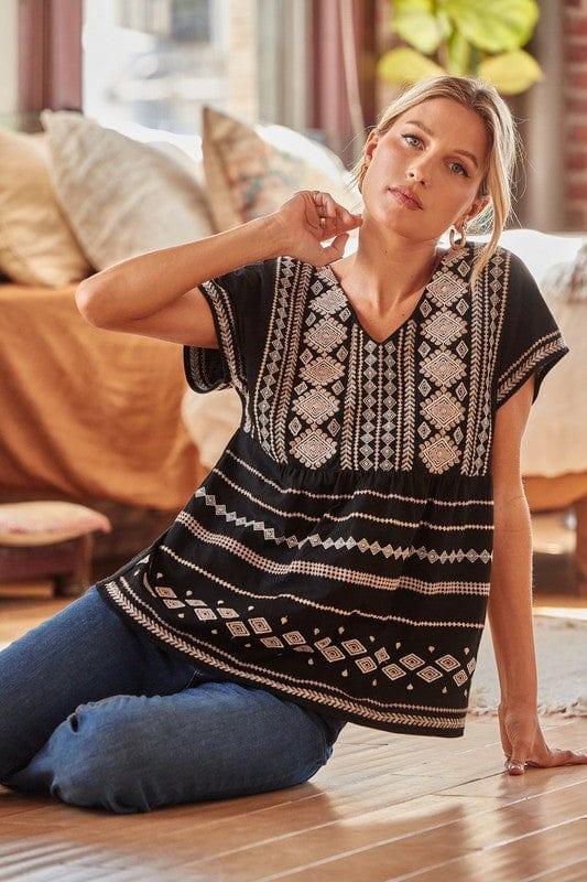 Black Taupe vneck dolman sleeve with embroidery - Esme and Elodie