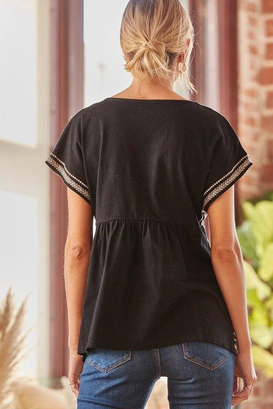 Black Taupe vneck dolman sleeve with embroidery - Esme and Elodie