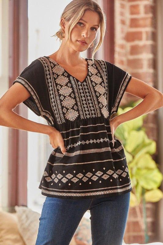 Black Taupe vneck dolman sleeve with embroidery - Esme and Elodie