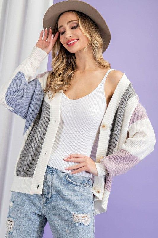 Blockhead- womens gray, lilac and blue colorblock cardigan - Esme and Elodie
