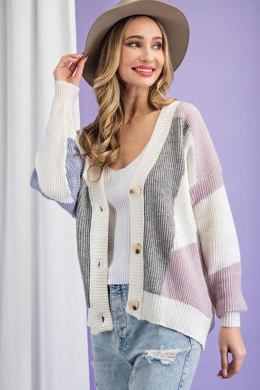 Blockhead- womens gray, lilac and blue colorblock cardigan - Esme and Elodie