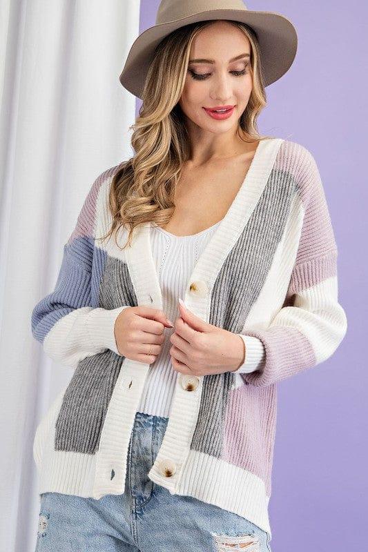 Blockhead- womens gray, lilac and blue colorblock cardigan - Esme and Elodie