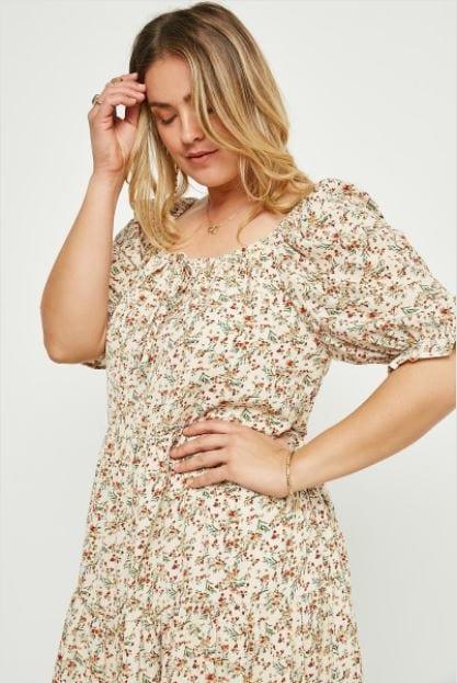 Plus Women's Bohemian Hollyday- Plus size ditsy midi dress in neutral, hunter and burgundy - Esme and Elodie