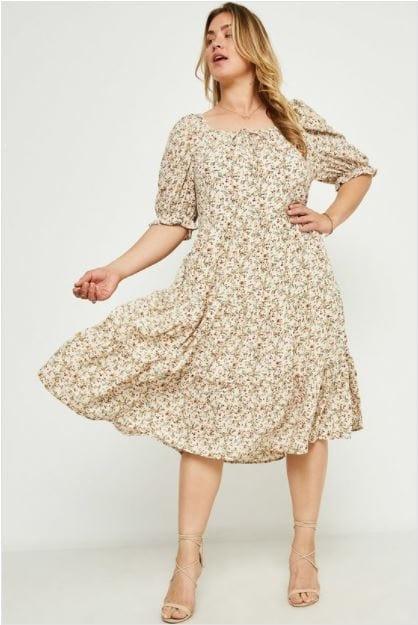 Plus Women's Bohemian Hollyday- Plus size ditsy midi dress in neutral, hunter and burgundy - Esme and Elodie