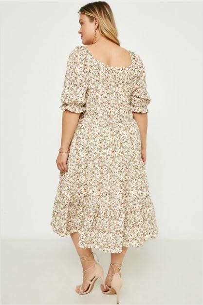 Plus Women's Bohemian Hollyday- Plus size ditsy midi dress in neutral, hunter and burgundy - Esme and Elodie