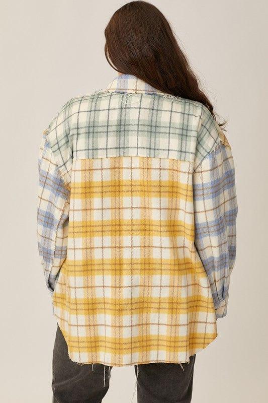 Plus Women's Button up Pocket Shacket in light blue, yellow and teal - Esme and Elodie
