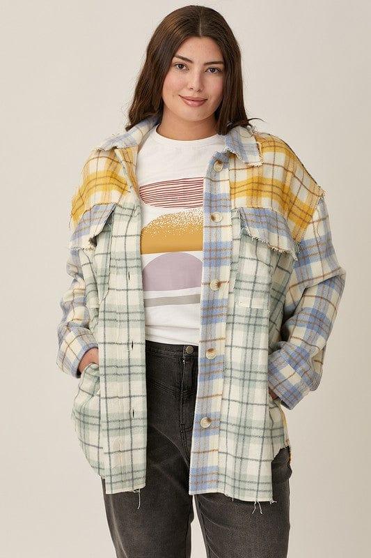 Plus Women's Button up Pocket Shacket in light blue, yellow and teal - Esme and Elodie