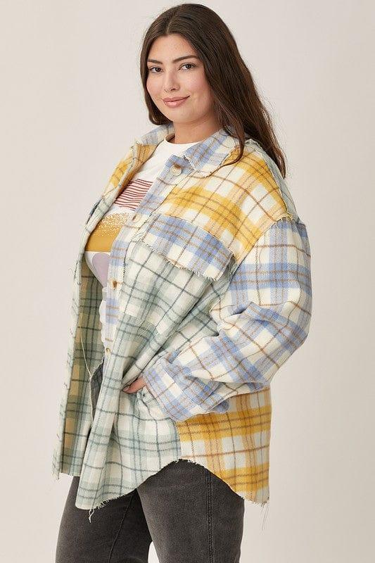 Plus Women's Button up Pocket Shacket in light blue, yellow and teal - Esme and Elodie