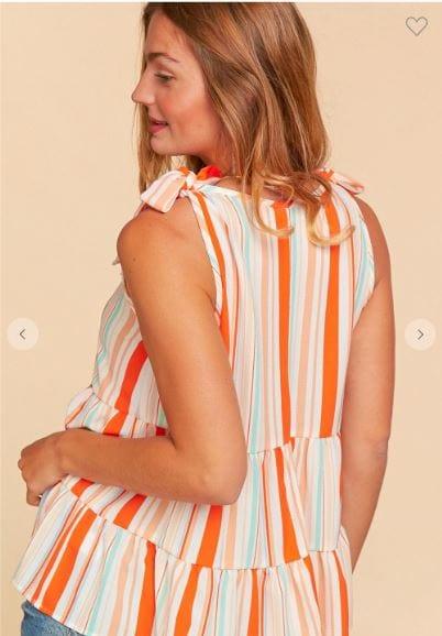 Calendula- womens tiered v-neck tank in coral and mint stripes with shoulder ties - Esme and Elodie