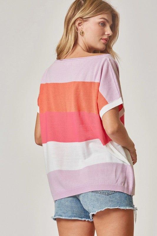 Candy Rush- womens color block short sleeve sweater in lilac, coral hot pink and white - Esme and Elodie