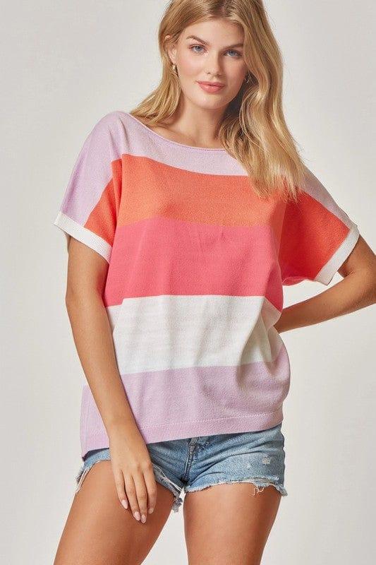 Candy Rush- womens color block short sleeve sweater in lilac, coral hot pink and white - Esme and Elodie