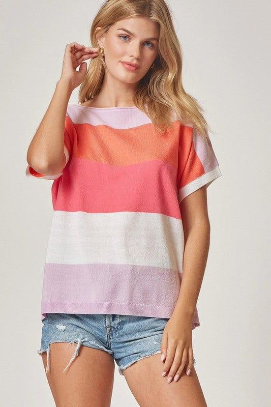 Candy Rush- womens color block short sleeve sweater in lilac, coral hot pink and white - Esme and Elodie