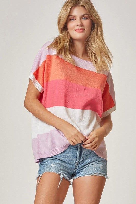 Candy Rush- womens color block short sleeve sweater in lilac, coral hot pink and white - Esme and Elodie