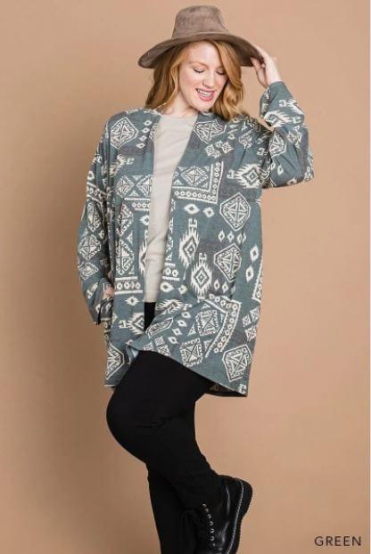 Canyon Ridge- plus size terry cardigan in hunter and beige - Esme and Elodie