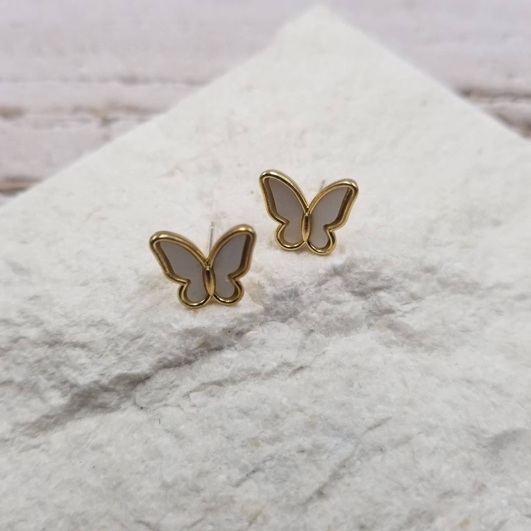 Gold & White Butterfly Stud Earrings