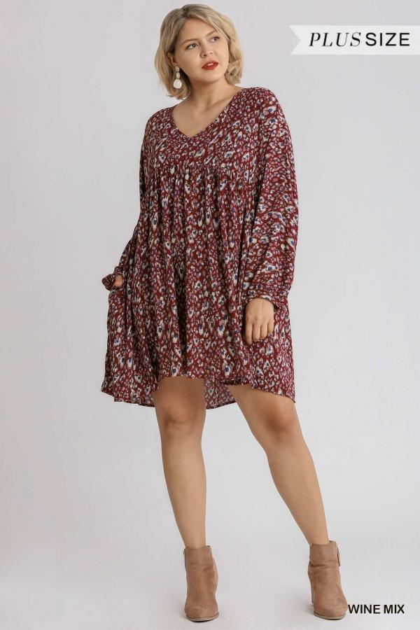 Cece- plus size mini dress in burgundy and blue leopard print - Esme and Elodie