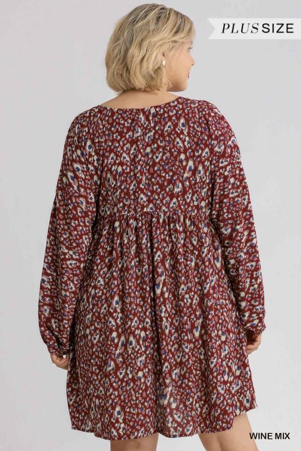 Cece- plus size mini dress in burgundy and blue leopard print - Esme and Elodie