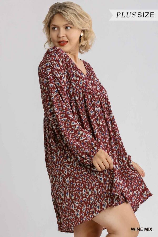 Cece- plus size mini dress in burgundy and blue leopard print - Esme and Elodie