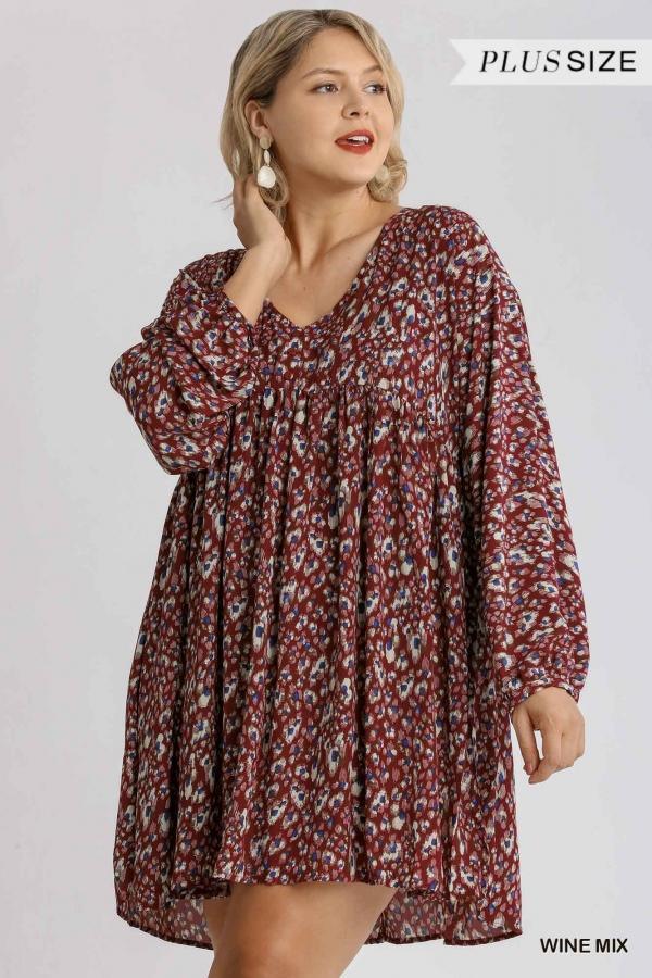Cece- plus size mini dress in burgundy and blue leopard print - Esme and Elodie