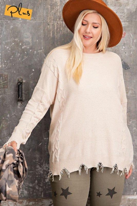 Chenille Plus Size Distressed bottom sweater in beige - Esme and Elodie