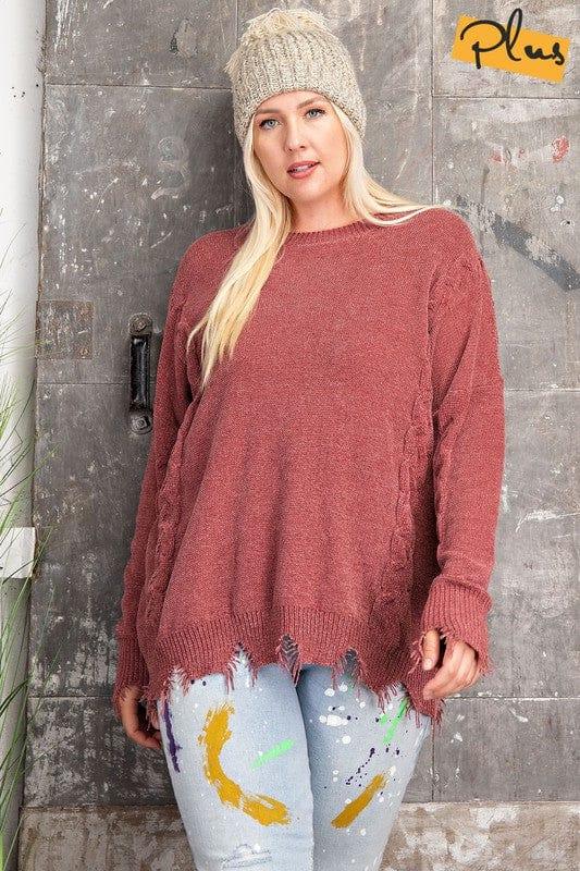 Plus Women's Chenille Distressed bottom sweater in red bean - Esme and Elodie