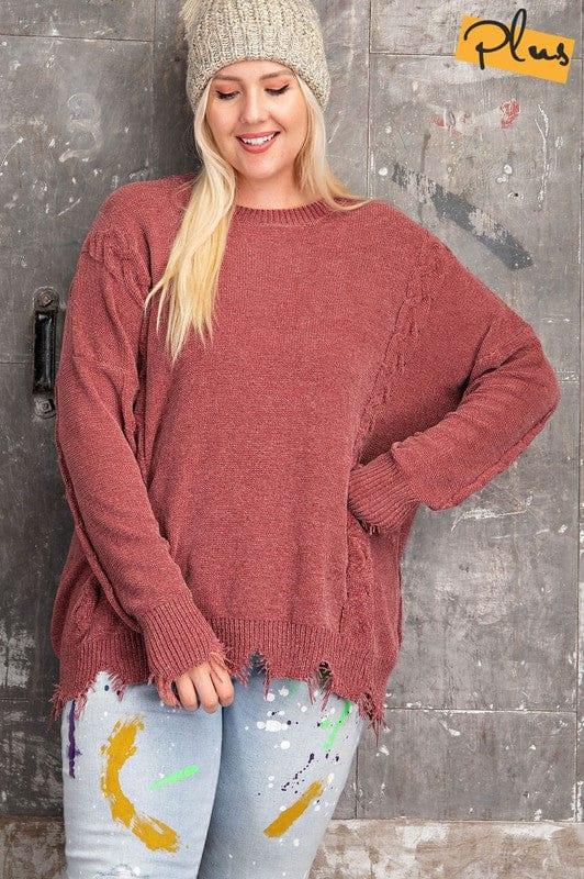 Plus Women's Chenille Distressed bottom sweater in red bean - Esme and Elodie