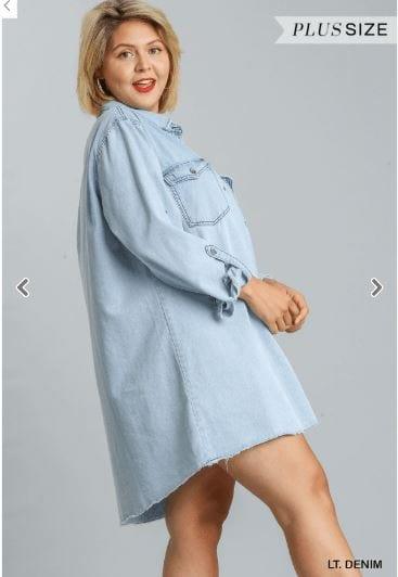 Chest Pockets Collar Button Down Non-Stretch Denim Dress with Unfinished Hem - Esme and Elodie