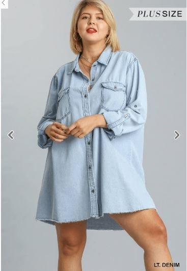 Chest Pockets Collar Button Down Non-Stretch Denim Dress with Unfinished Hem - Esme and Elodie