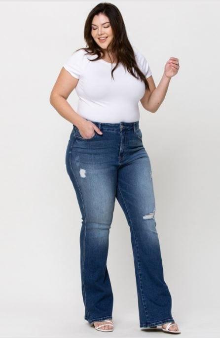 Christen- plus size high rise waistband distressed flare denim jean - Esme and Elodie