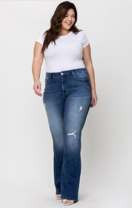 Christen- plus size high rise waistband distressed flare denim jean - Esme and Elodie